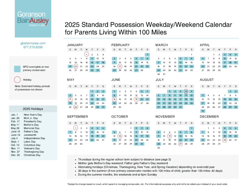 2025 Texas Standard Possession Calendar: Child Custody Guide