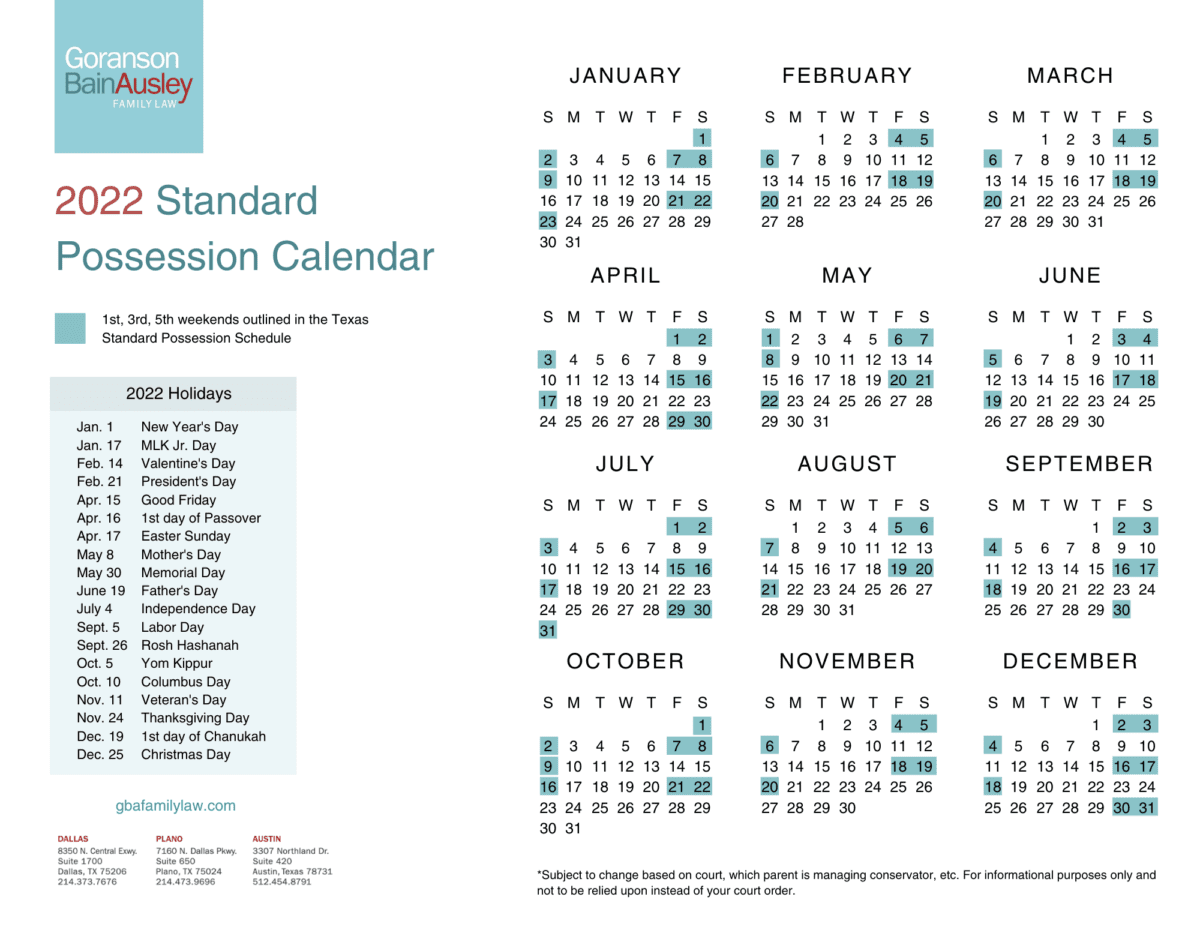 Texas Standard Possession Calendar For 2022