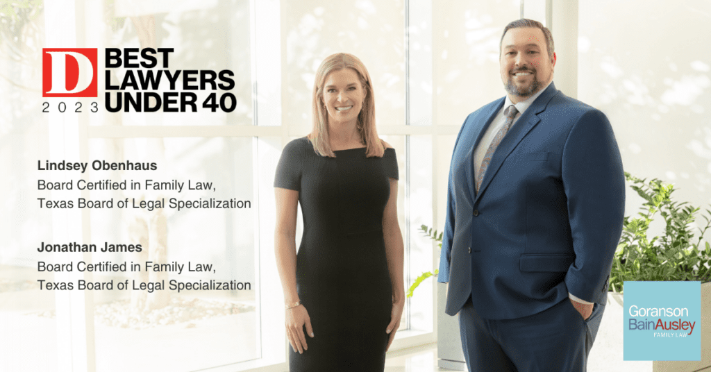 Graphic of Lindsey Obenhaus and Jonathan James with the 2023 D Magazine Best Lawyers Under 40 Logo