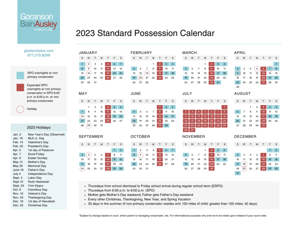 2023 Texas Standard Possession Calendar for Child Custody