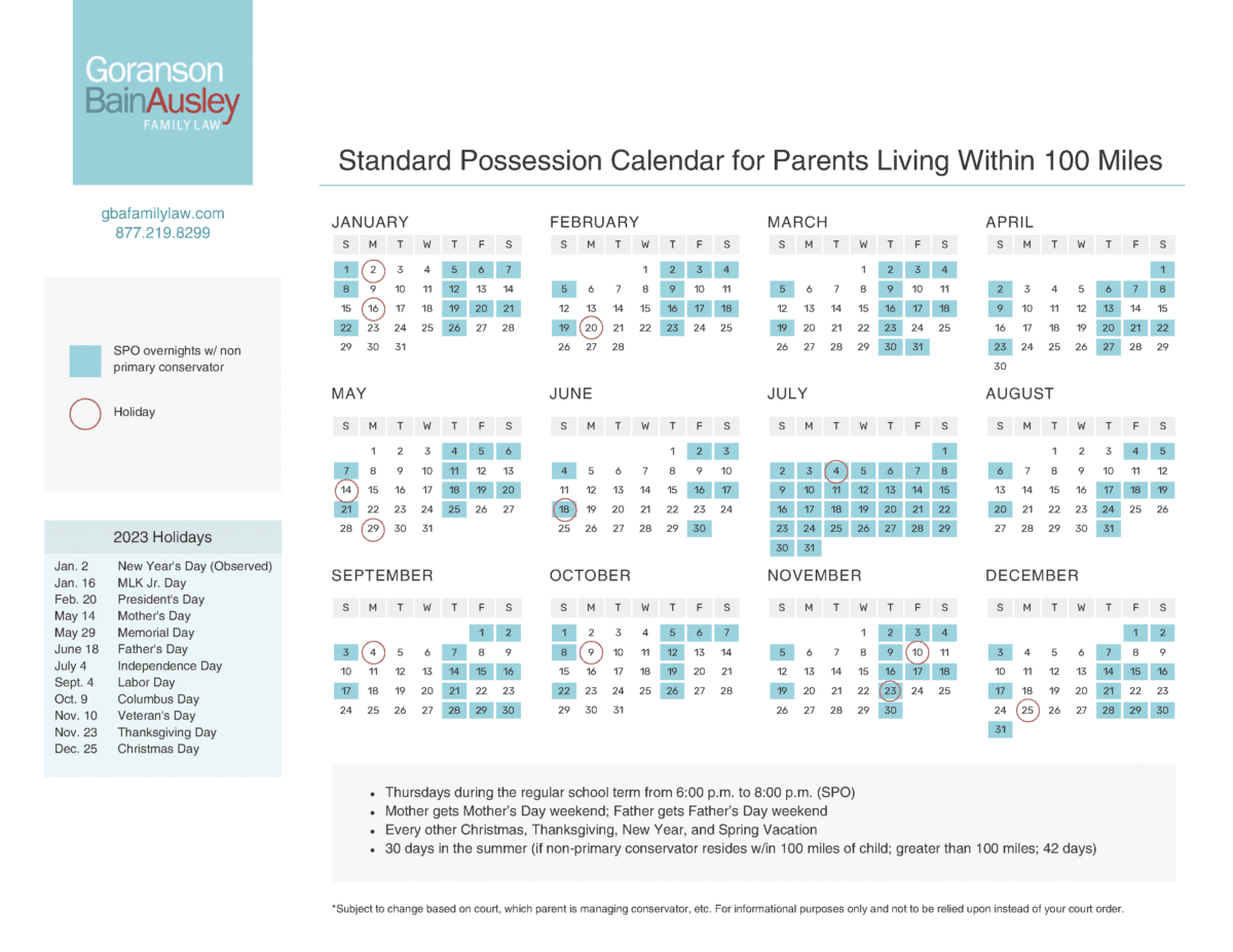 Standard Possession Calendar For Parents Living Within 100 Miles Page 1 1200x927 