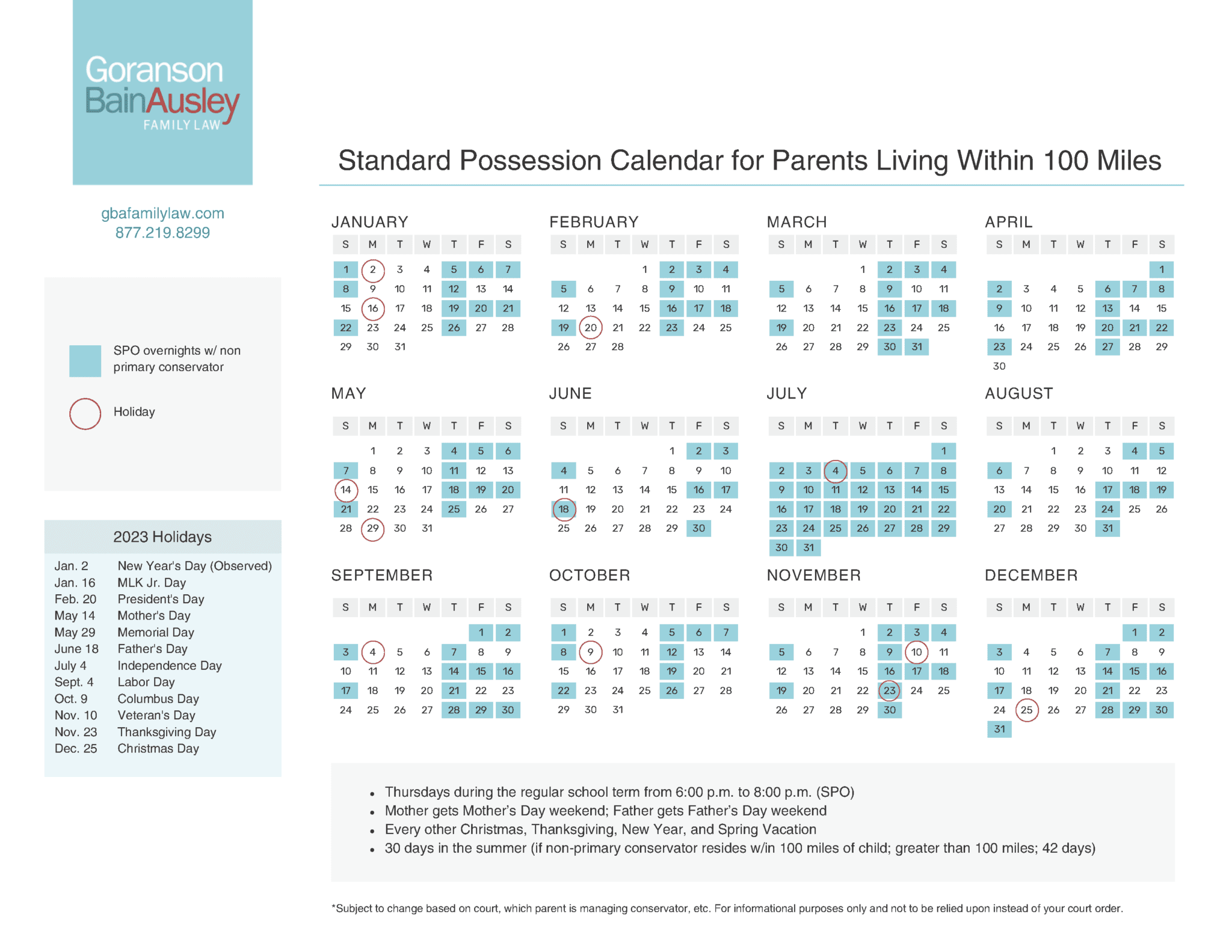 2023 Texas Standard Possession Calendar for Child Custody GBA