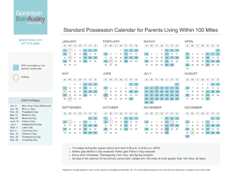2023 Texas Standard Possession Calendar for Child Custody GBA