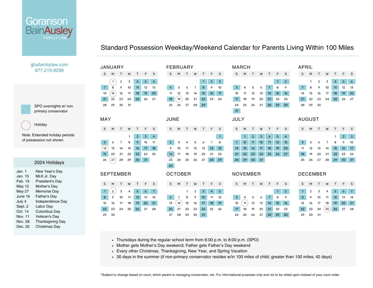 2025 Texas Standard Possession Calendar Child Custody Guide