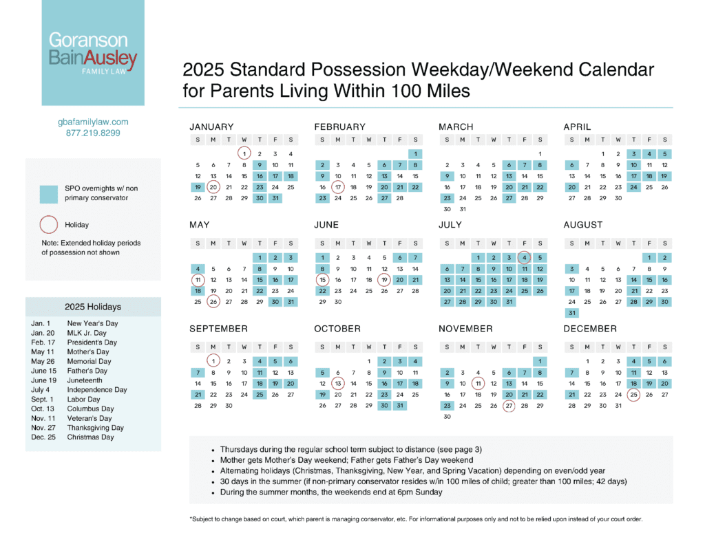 2025 standard possession calendar