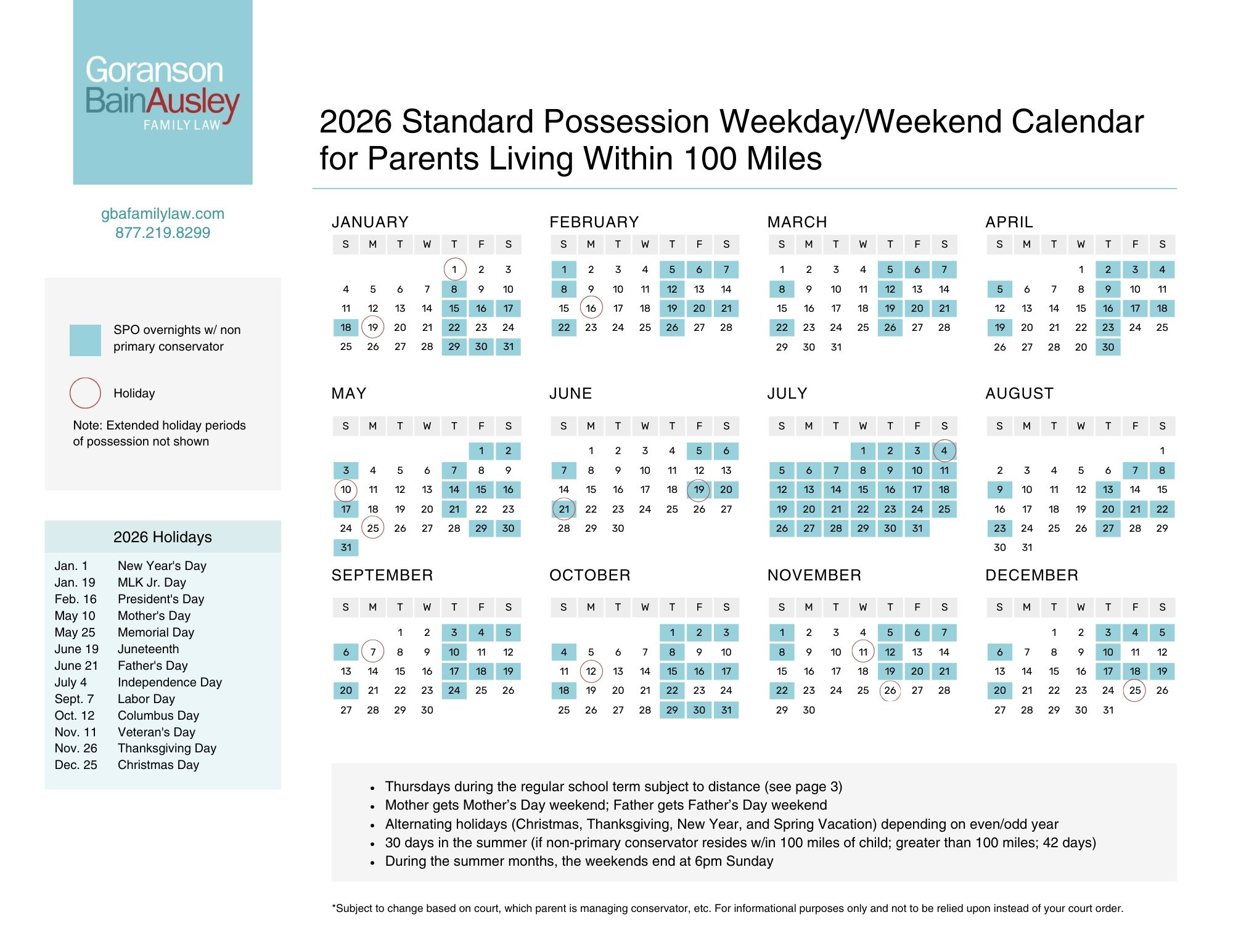 2026 Texas Standard Possession Calendar: Child Custody Guide
